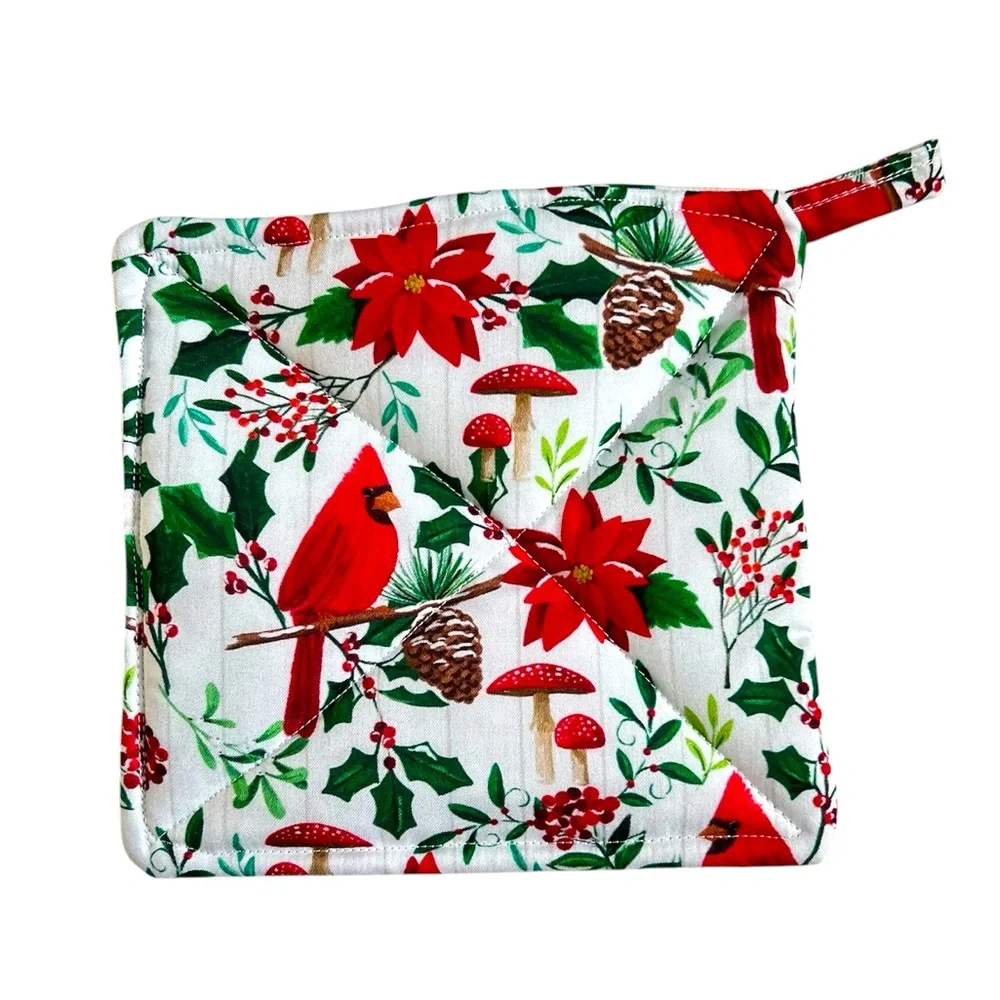 Hand Crafted Colorful Red Cardinals Themed Fabric Pot Holders or Hot Mats Trivet